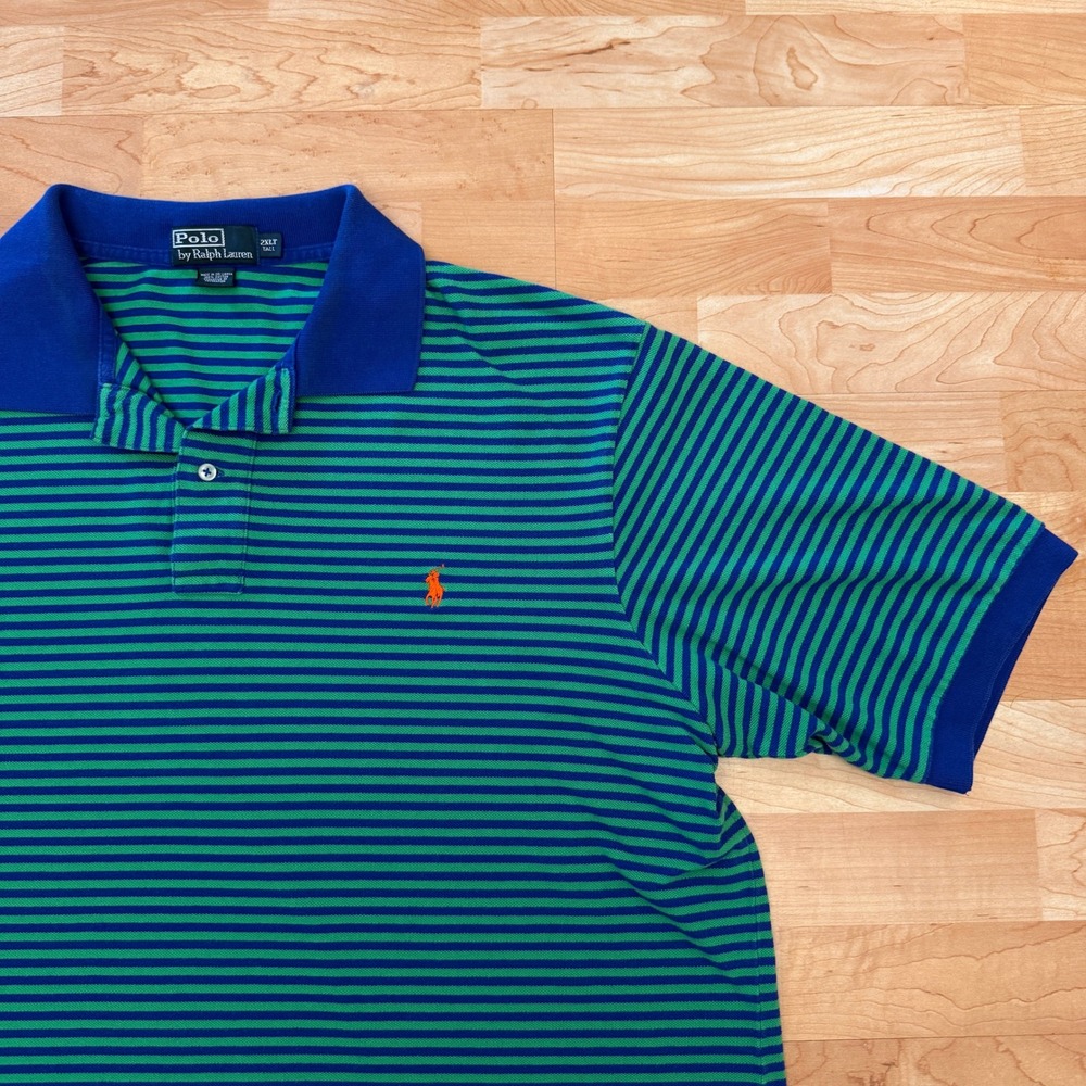 Vintage Polo Ralph Lauren Mens 2XLT Tall Green Blue Striped Polo Shirt